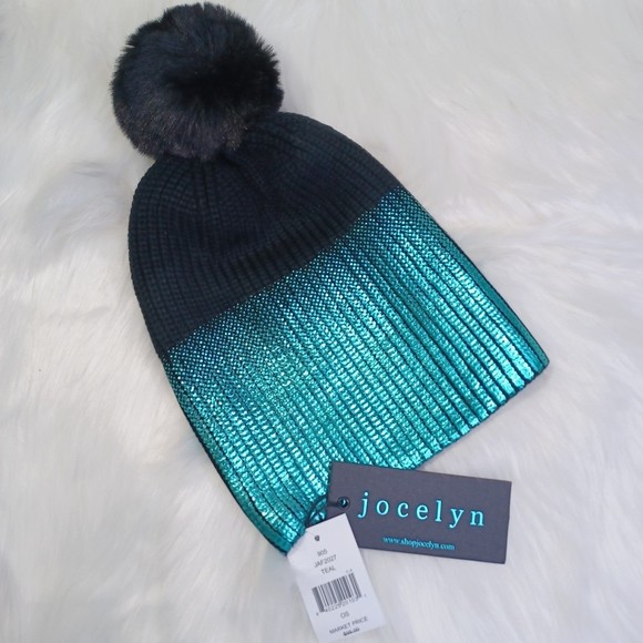JOCELYN Faux Fur Pom Metallic Ombré Knit Beanie Hat main image 7